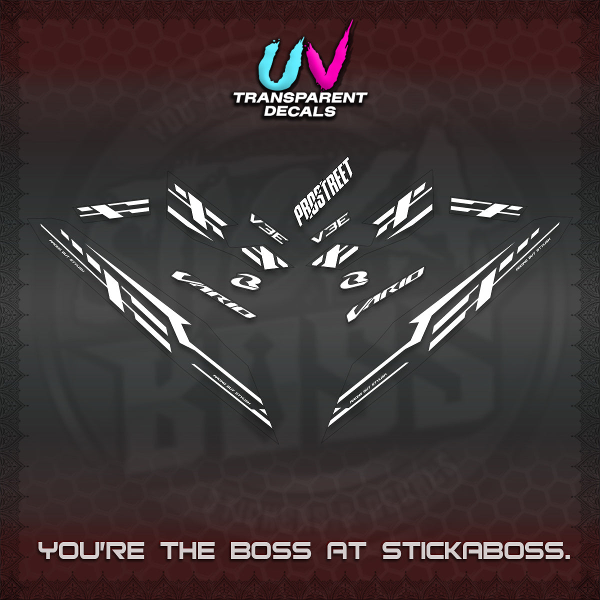 CLICK V3 UV TRANSPARENT VARIO DECALS (2026 V3E 001 DESIGN)STICKER KITS By STICKABOSS