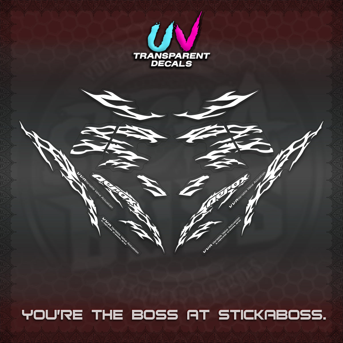 AEROX 155 V2 UV TRANSPARENT DECALS (2026 TRIBAL LIGHTNING DESIGN) STICKER KITS BY STICKABOSS