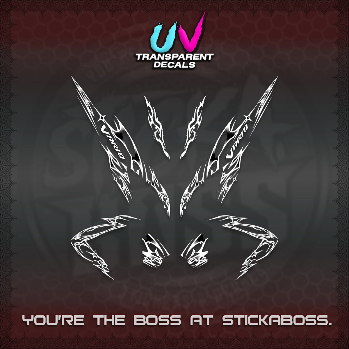 CLICK 125 V2 VARIO UV TRANSPARENT DECALS (2026 TRIBAL LIGHTNING DESIGN) STICKER KITS BY STICKABOSS