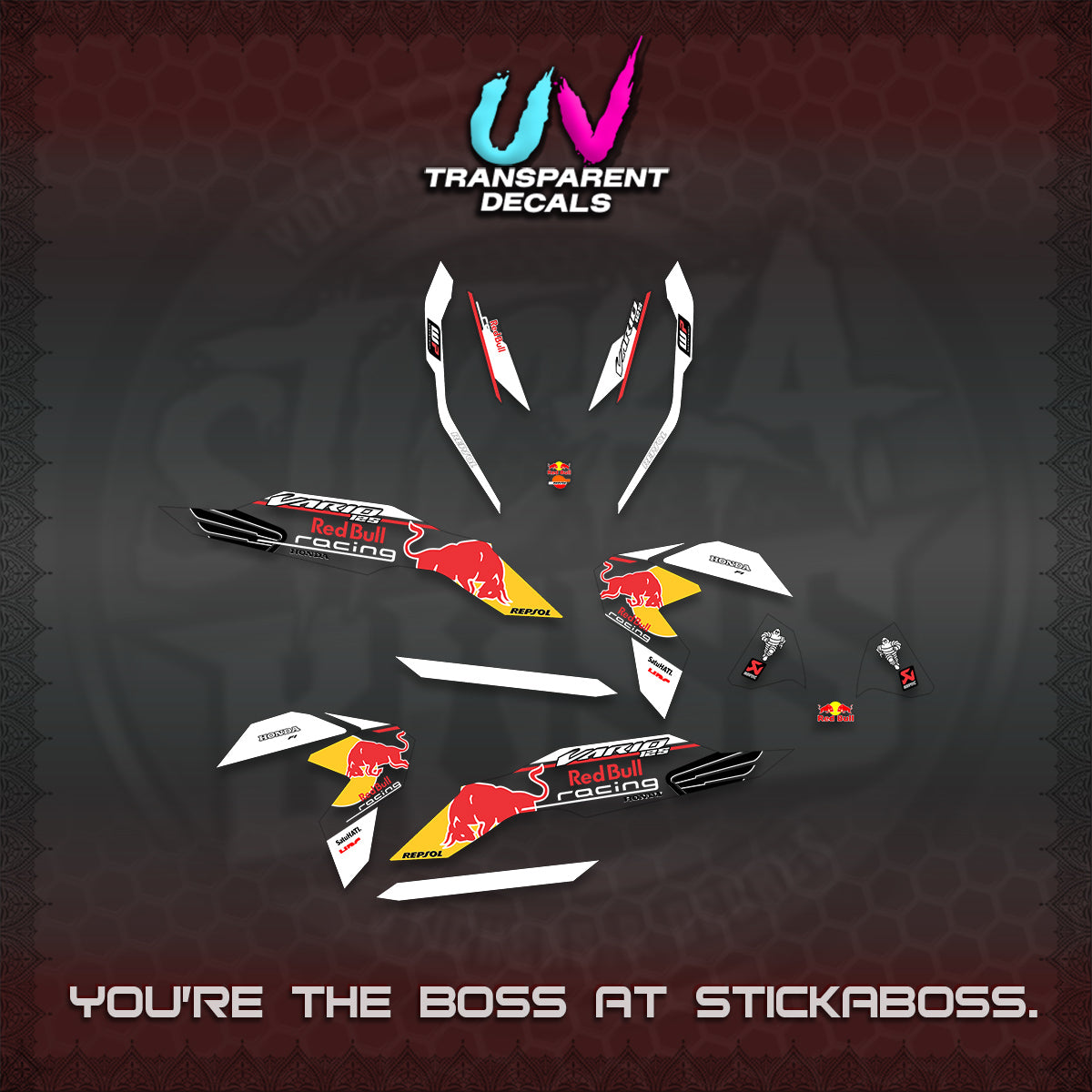 CLICK V3 UV TRANSPARENT DECALS (2026 BULLREDS RACE DESIGN) STICKER KITS BY STICKABOSS