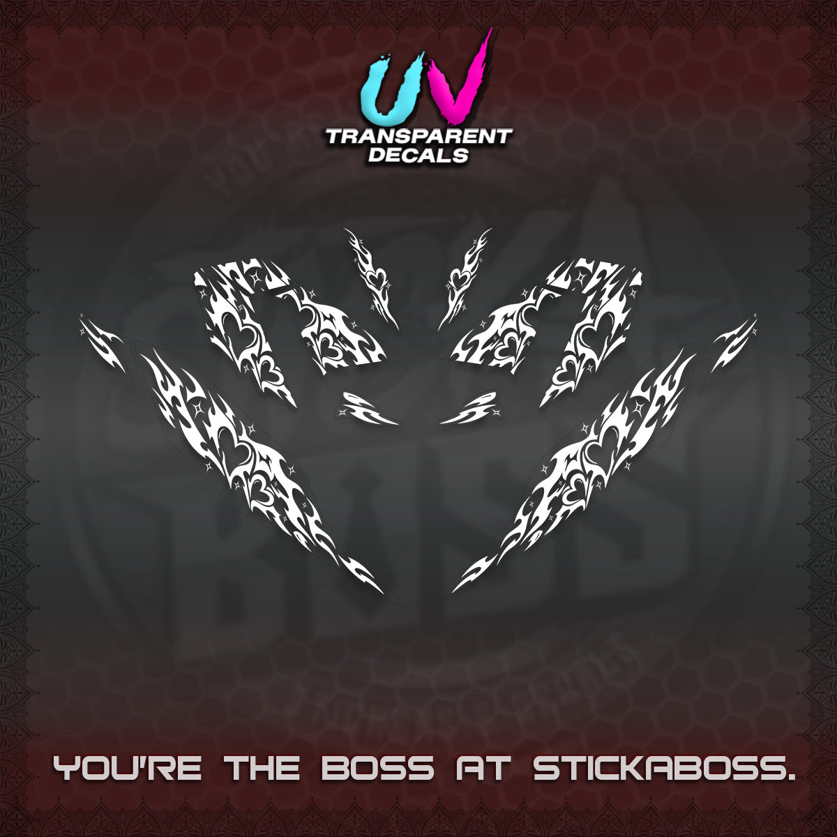CLICK 125 V4 UV TRANSPARENT DECALS (2026 TRIBAL HEART DESIGN) STICKER KITS BY STICKABOSS
