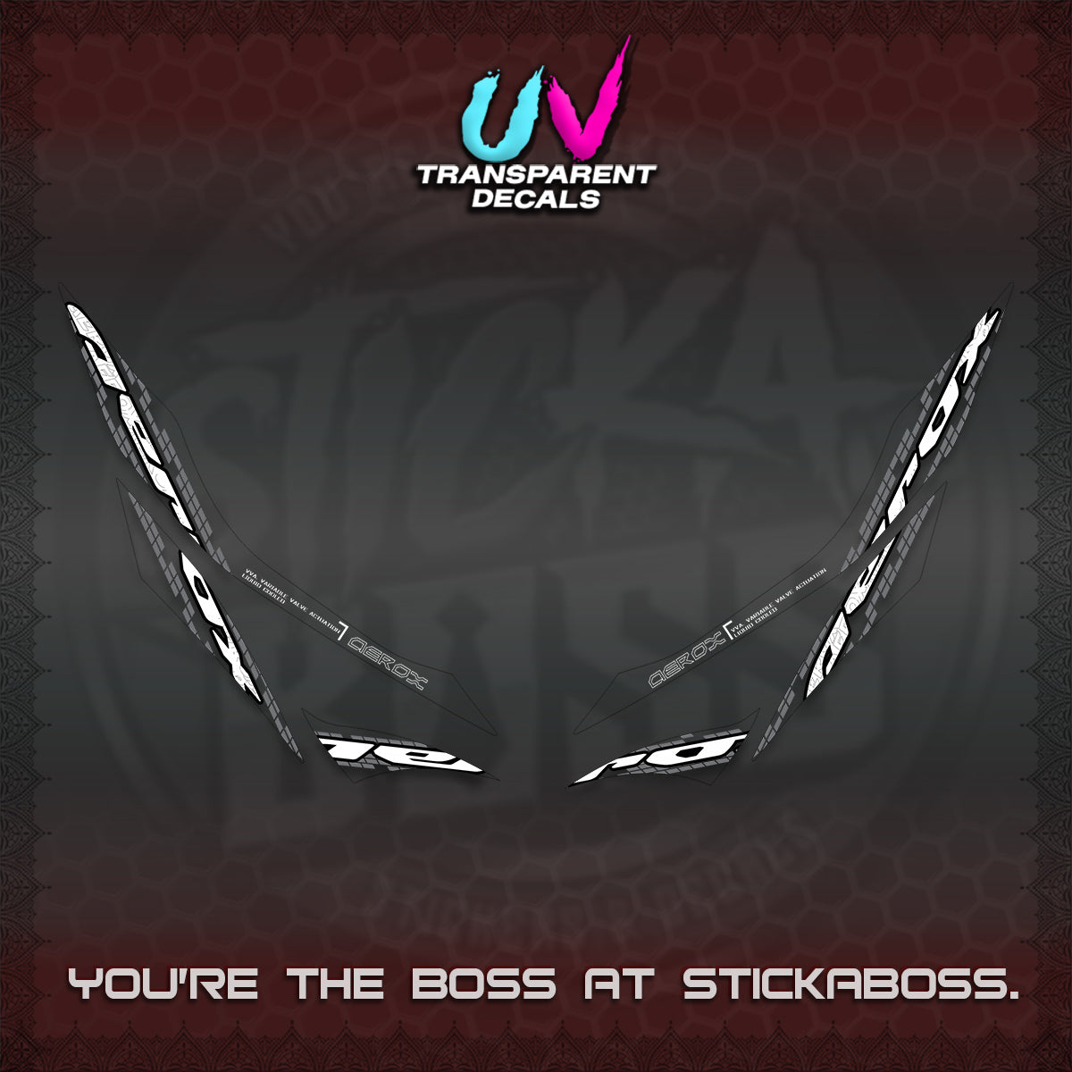 AEROX 155 V1 UV TRANSPARENT DECALS (NEW 2026 VORTEX) STICKER KITS BY STICKABOSS