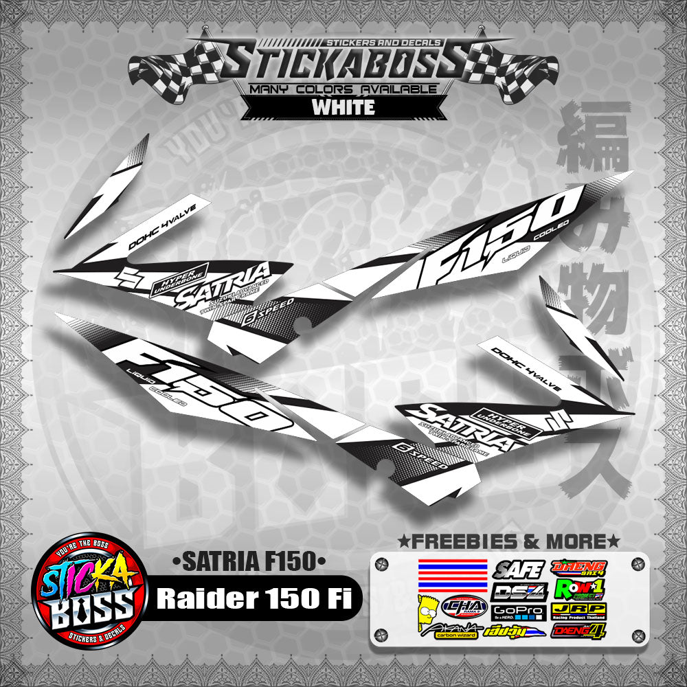 Suzuki Raider 150 Fi Stock Decals WHITE (Satria F150)【PREMIUM GLOSSY LAMINATED】