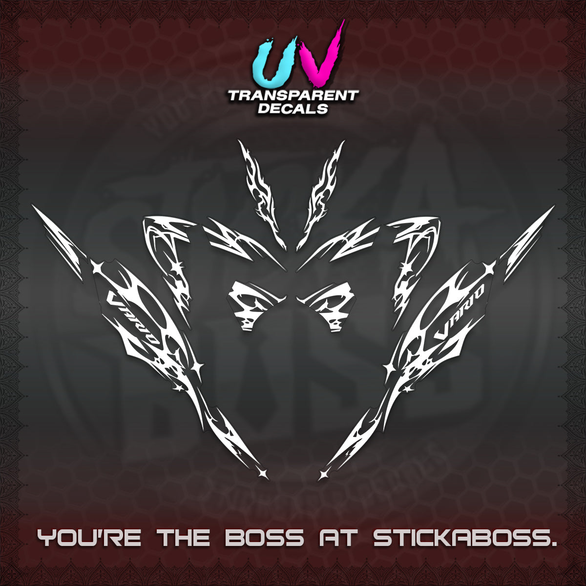CLICK 125 V4 VARIO UV TRANSPARENT DECALS (2026 TRIBAL LIGHTNING DESIGN) STICKER KITS BY STICKABOSS