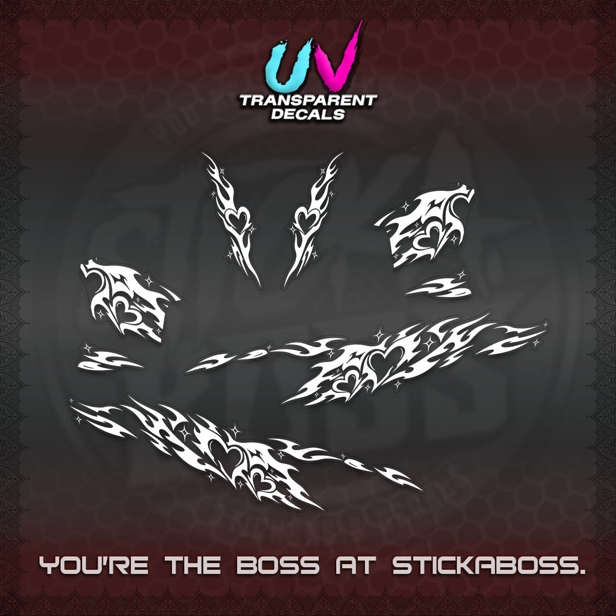 CLICK 125 V2 UV TRANSPARENT DECALS (2026 TRIBAL HEART DESIGN) STICKER KITS BY STICKABOSS