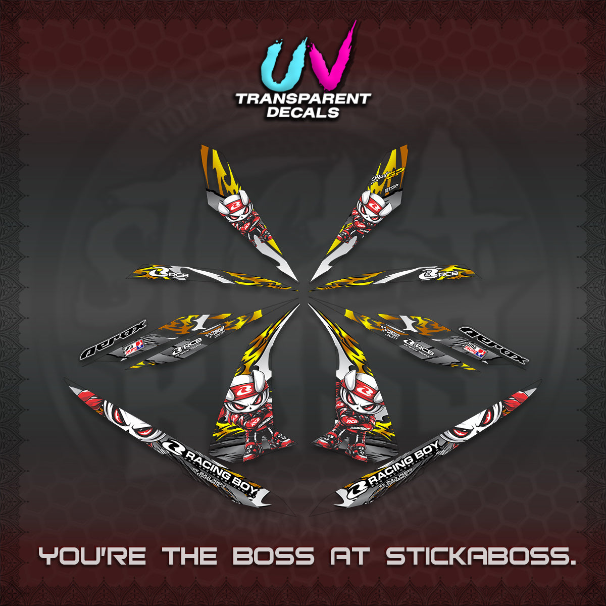 AEROX 155 V1 UV TRANSPARENT DECALS (2026 NEW RCB 2.0 DESIGN) STICKER KITS BY STICKABOSS