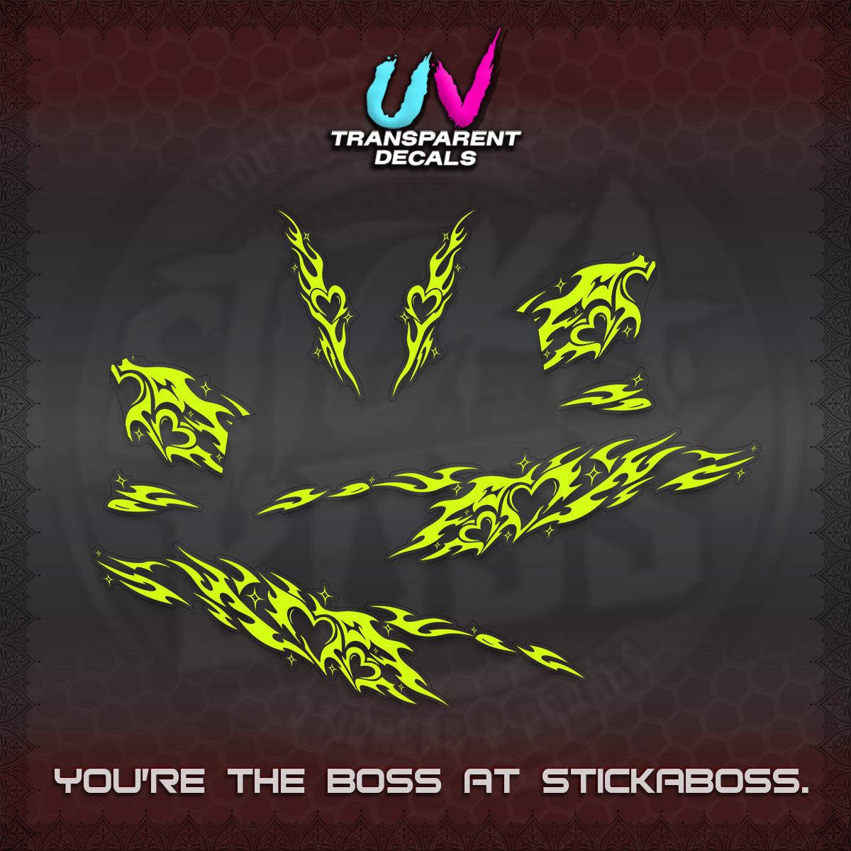 CLICK 125 V2 UV TRANSPARENT DECALS (2026 TRIBAL HEART DESIGN) STICKER KITS BY STICKABOSS