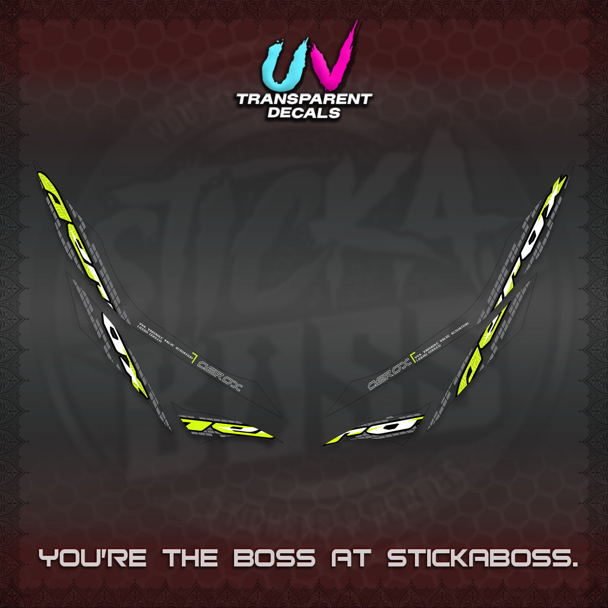 AEROX 155 V1 UV TRANSPARENT DECALS (NEW 2026 VORTEX) STICKER KITS BY STICKABOSS