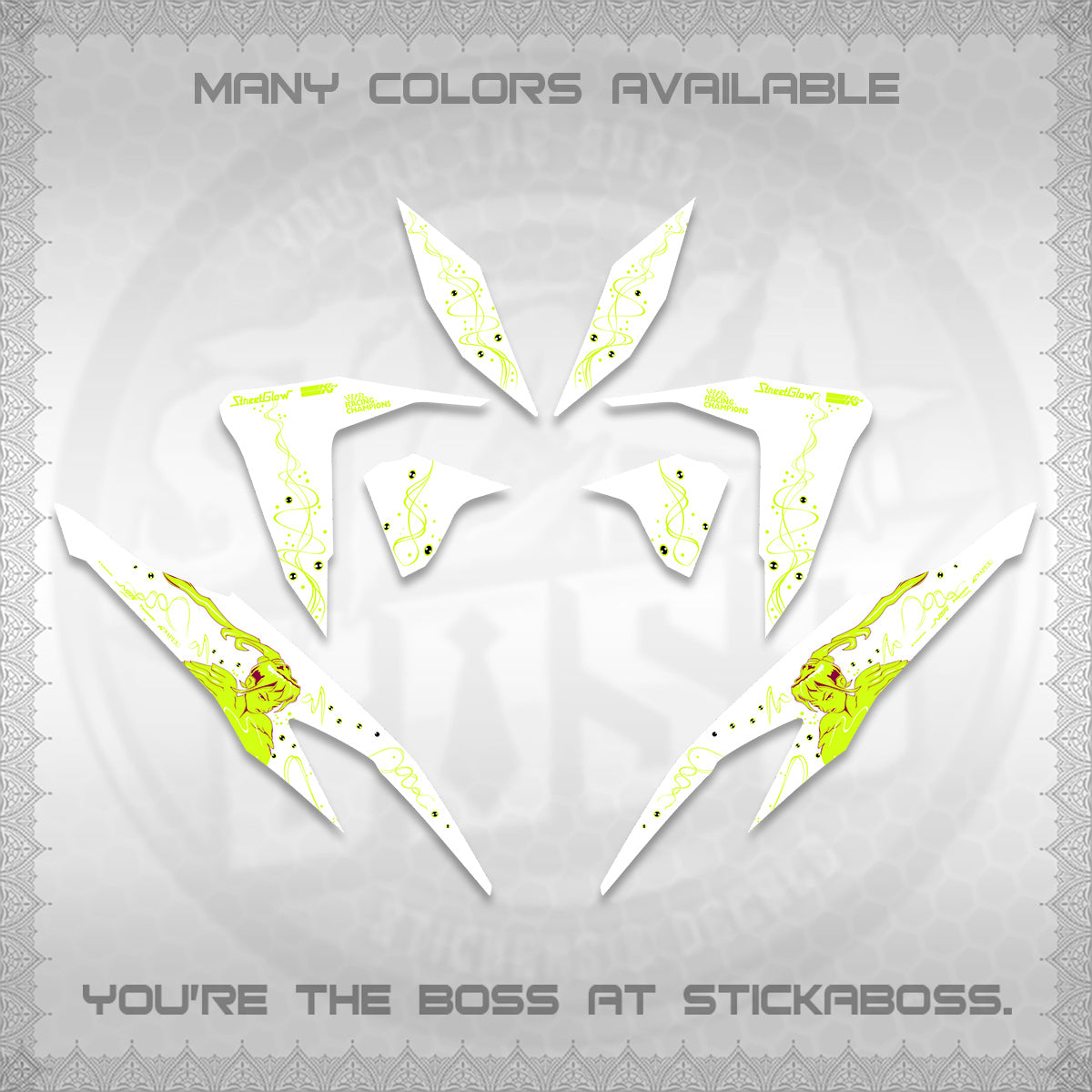 CLICK V2 FOR WHITE DECALS (2026 2F2F SWIRL DESIGN) STICKER KITS BY STICKABOSS