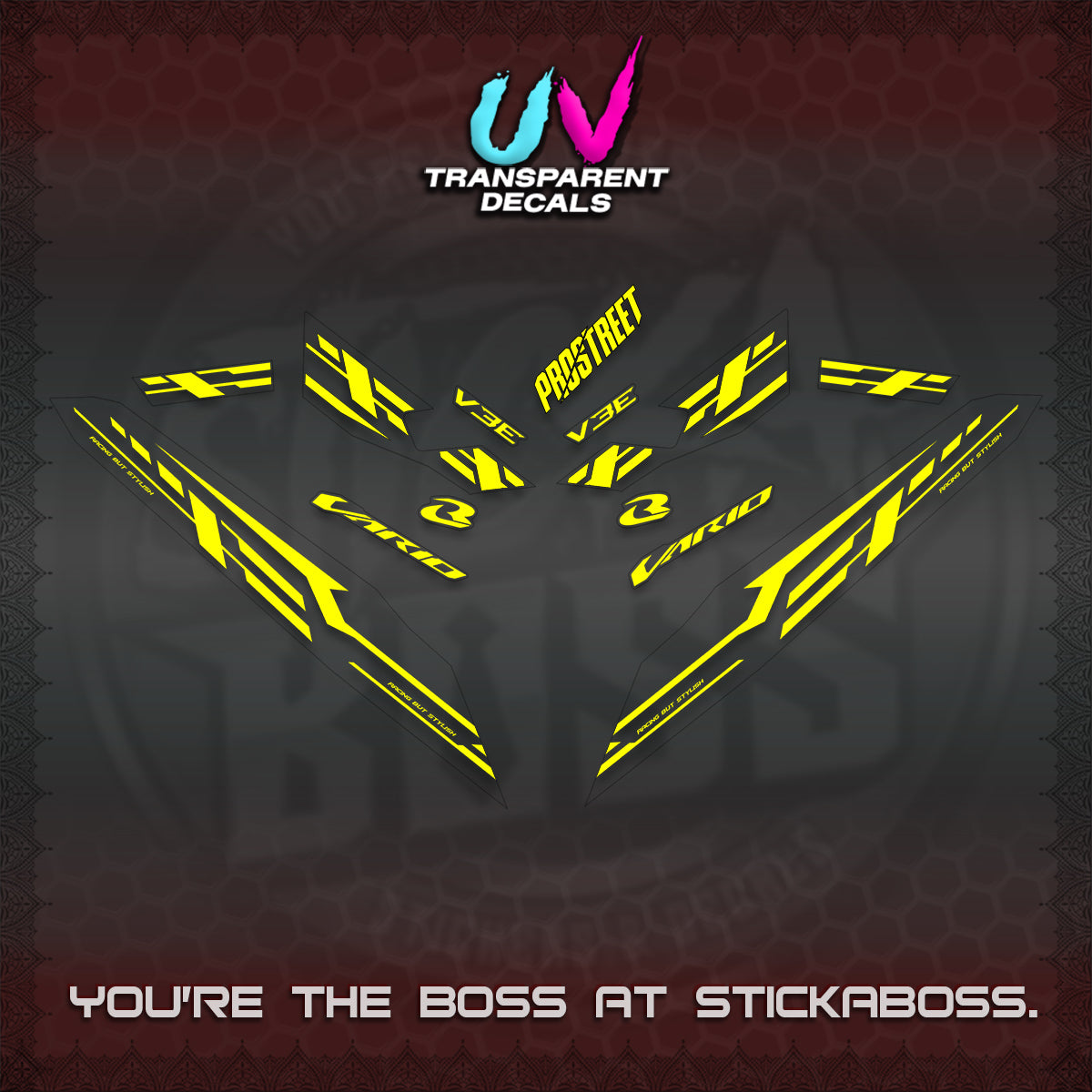 CLICK V3 UV TRANSPARENT VARIO DECALS (2026 V3E 001 DESIGN)STICKER KITS By STICKABOSS