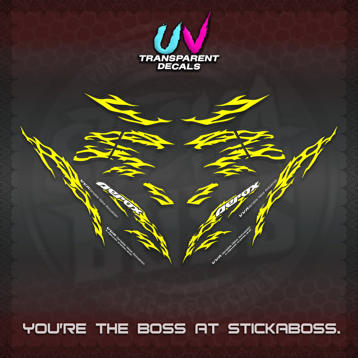 AEROX 155 V2 UV TRANSPARENT DECALS (2026 TRIBAL LIGHTNING DESIGN) STICKER KITS BY STICKABOSS