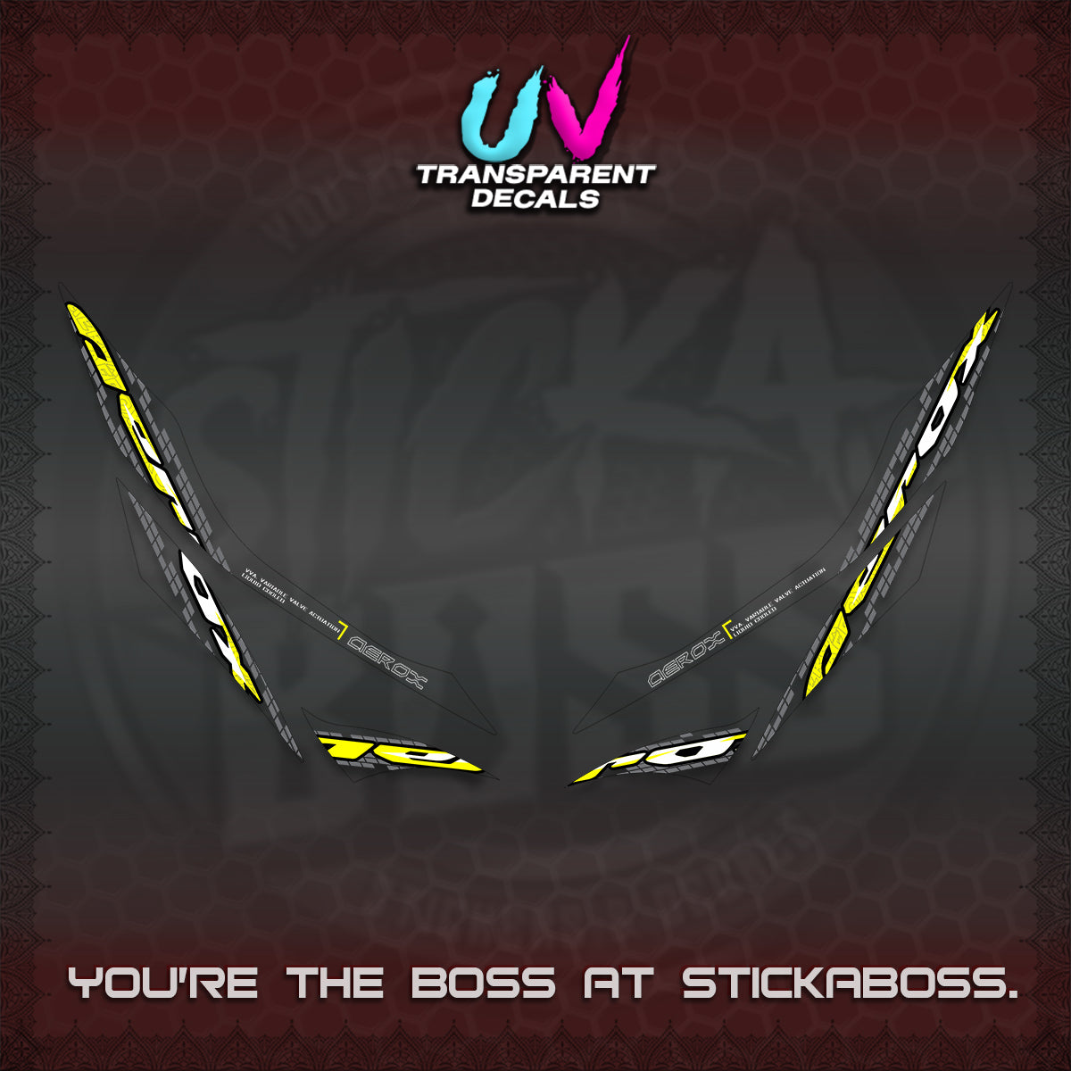 AEROX 155 V1 UV TRANSPARENT DECALS (NEW 2026 VORTEX) STICKER KITS BY STICKABOSS
