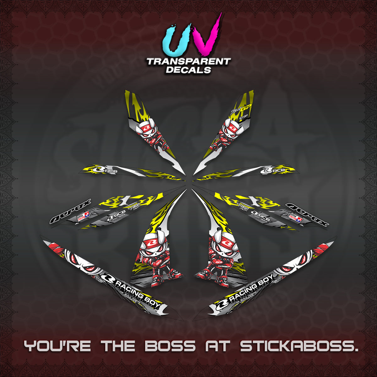 AEROX 155 V1 UV TRANSPARENT DECALS (2026 NEW RCB 2.0 DESIGN) STICKER KITS BY STICKABOSS