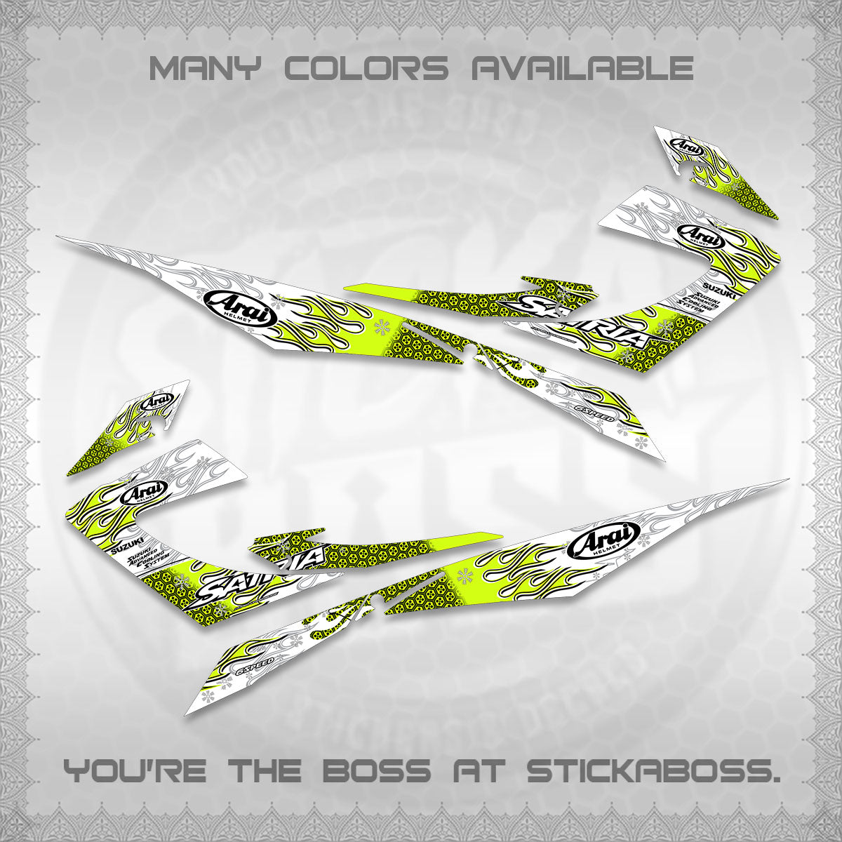 RAIDER 150 CARB SATRIA  FOR WHITE DECALS (ARAI API NEW TERBARU MOTIF)STICKER DECALS By STICKABOSS