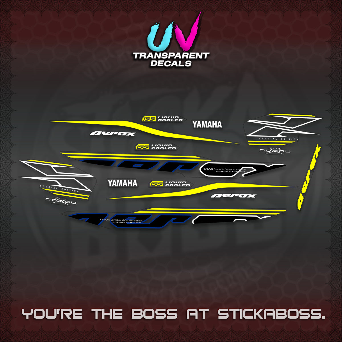 AEROX 155 V1 UV TRANSPARENT DECALS (2026 CYBER STYLE 01) STICKER KITS BY STICKABOSS