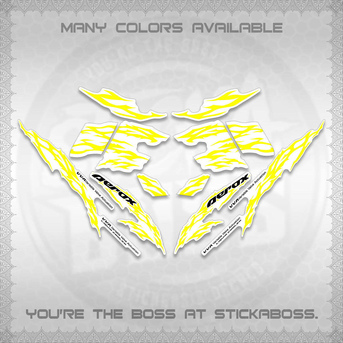 AEROX 155 V2 FOR WHITE DECALS (2026 TRIBAL LIGHTNING DESIGN) STICKER KITS BY STICKABOSS