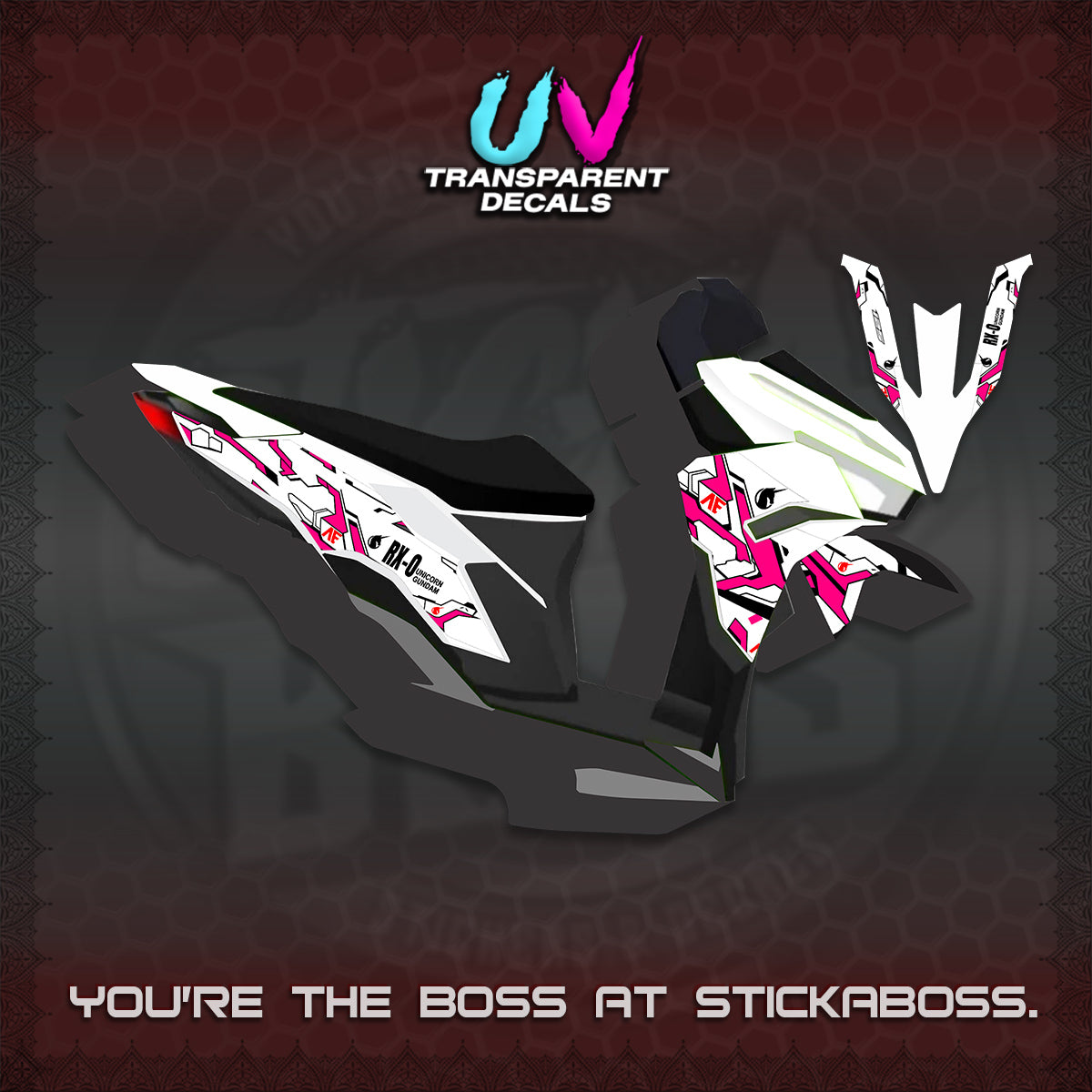 CLICK V3 VARIO UV TRANSPARENT DECALS (UNICORN GUNDAM DESIGN) STICKER DECALS By STICKABOSS